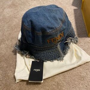 Fendi Denim Bucket Hat with Frayed Edges